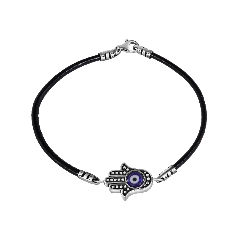 Silver 925 Oxidized Blue Evil Eye Hamsa Hand on a Leather Bracelet - OXB00008