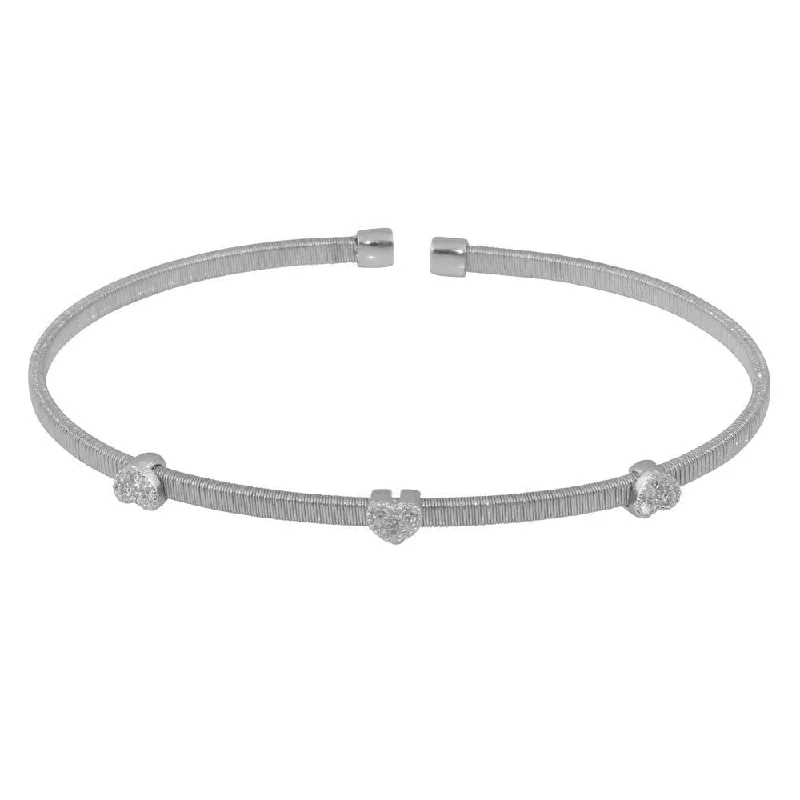 Rhodium Plated 925 Sterling Silver Three Heart Open Bangle with CZ - ARB00006RH