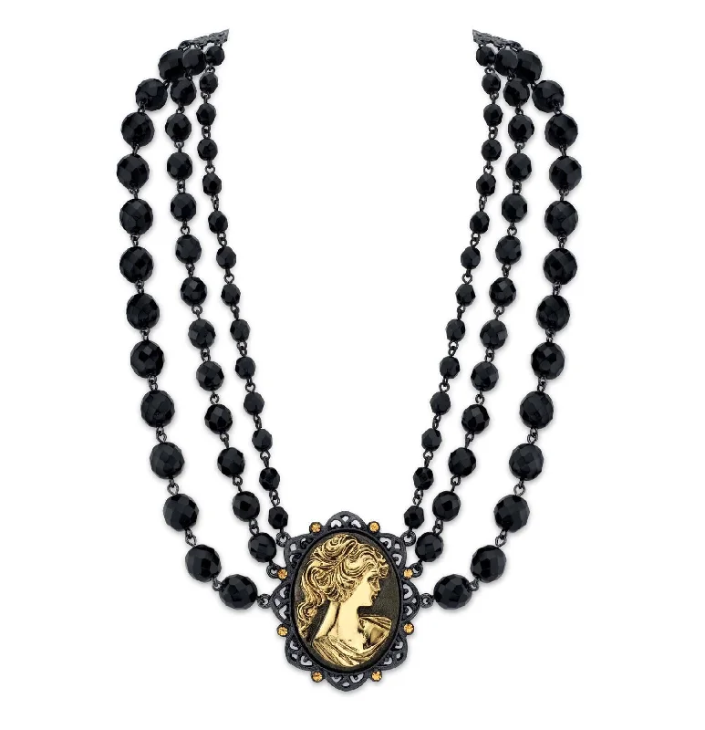 Antiquities Couture Black Triple Strand Topaz Crystal Gold Victorian Princess Cameo Necklace 16" + 3" Extender