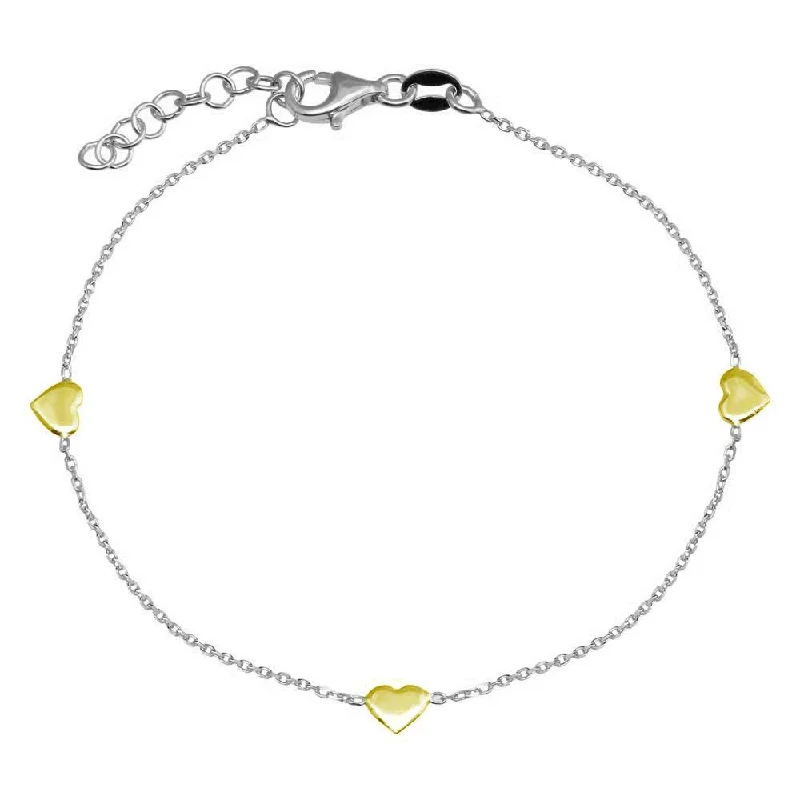 Two Tone Plated 925 Sterling Silver Adjustable Single Strand Bracelet with 3 Hearts Element - VGB23GP