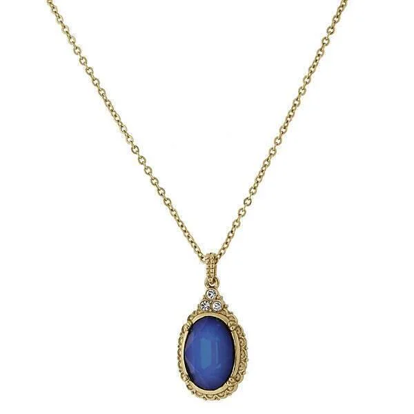 1928 Jewelry Oval Blue Austrian Crystal Drop Pendant Necklace 16" + 3" Extender