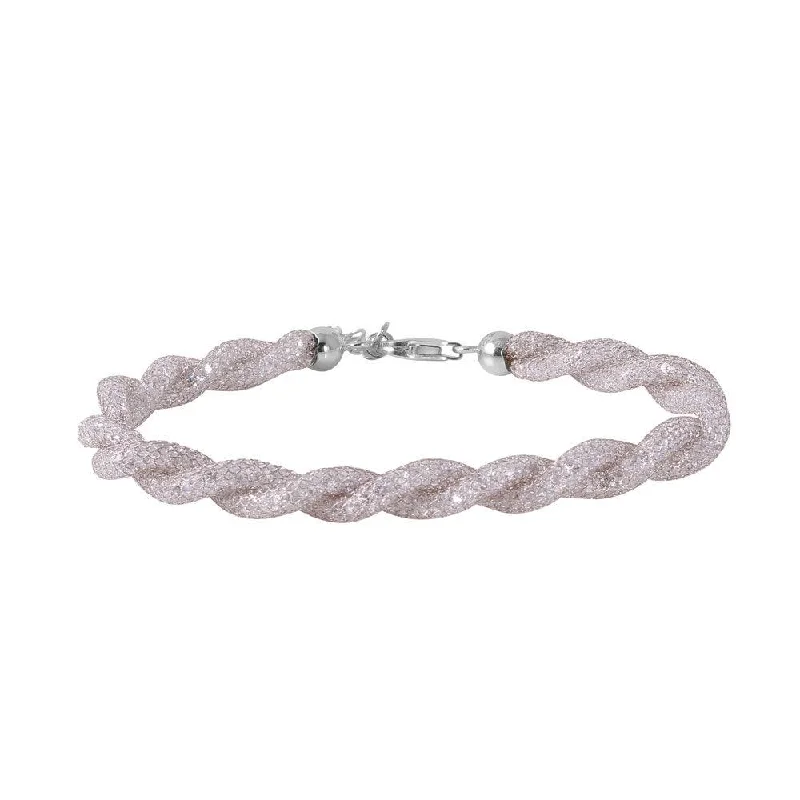 Clearance-Silver 925 Rhodium Plated Braided Mesh CZ Italian Bracelet - ECB00070RH