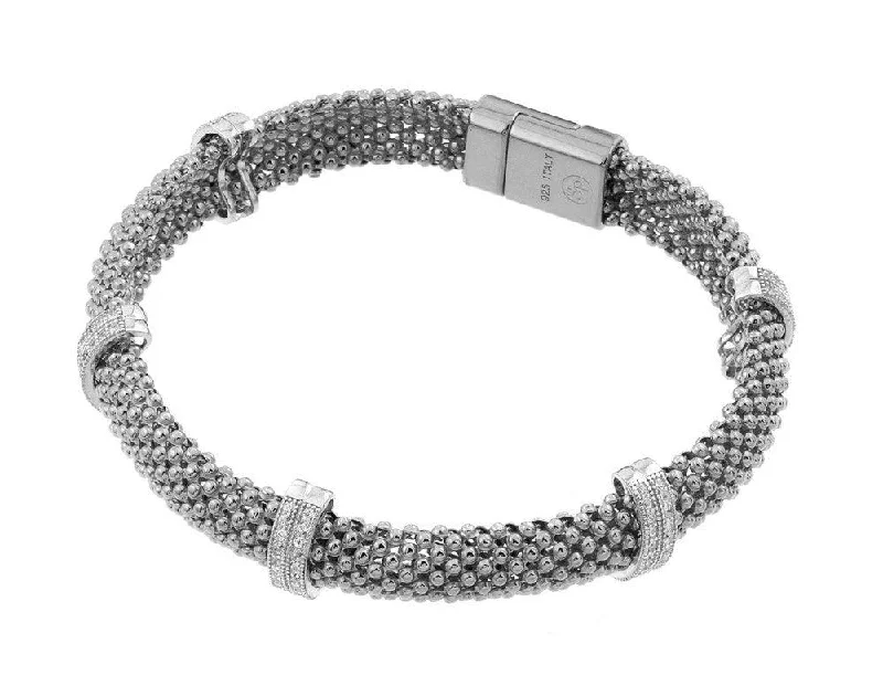 Clearance-Silver 925 Rhodium Plated Micro Pave Clear CZ Beaded Italian Bracelet - PSB000017RH