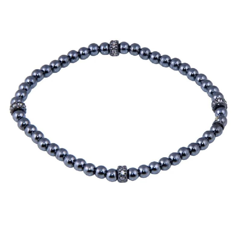 Clearance-Black Rhodium Plated 925 Sterling Silver Bead CZ Bracelet - ECB00001BLK