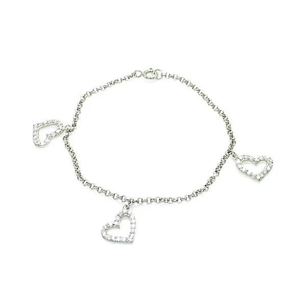 Silver 925 Rhodium Plated Open Multi Heart Clear CZ Bracelet - STB00156