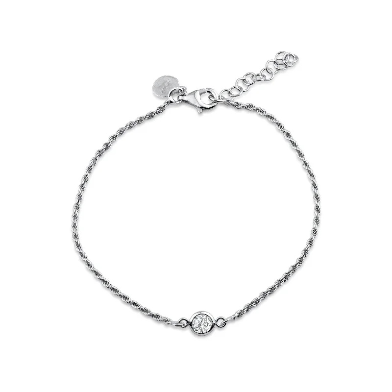 Rhodium Plated 925 Sterling Silver Rope Clear CZ Adjustable Bracelet - ITB00331-RH