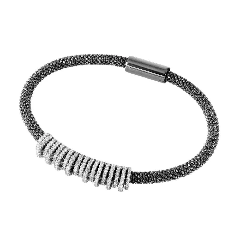 Clearance-Silver 925 Black Rhodium Plated CZ High-Low Pave Bar Italian Bracelet - ITB00152BLK-RHD