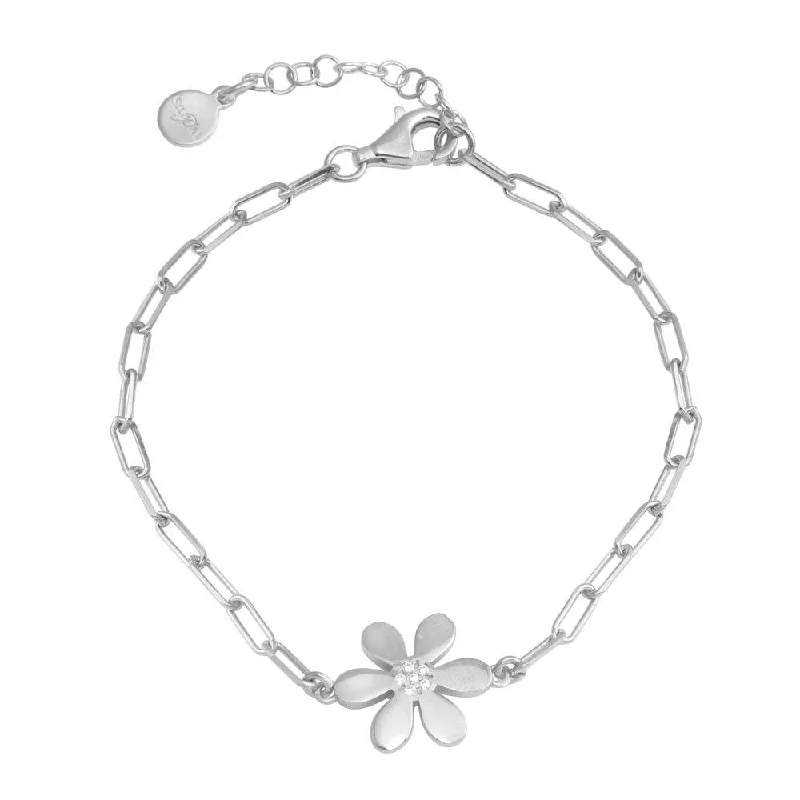 Rhodium Plated 925 Sterling Silver Paperclip Flower CZ Chain Bracelet - ITB00325-RH