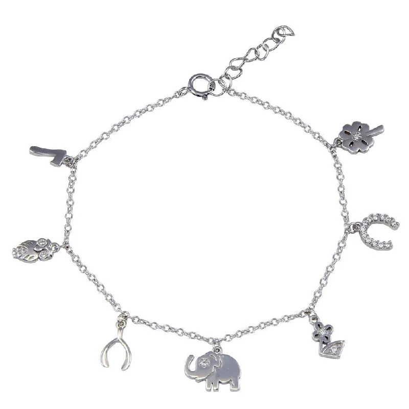 925 Sterling Silver Multi Charm CZ Adjustable Good Luck Bracelet - BGB00366