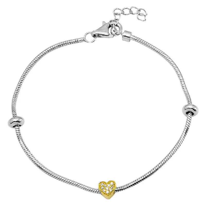 Rhodium Plated 925 Sterling Silver Snake Bracelet with Gold Plated CZ Heart Charm - BGB00289