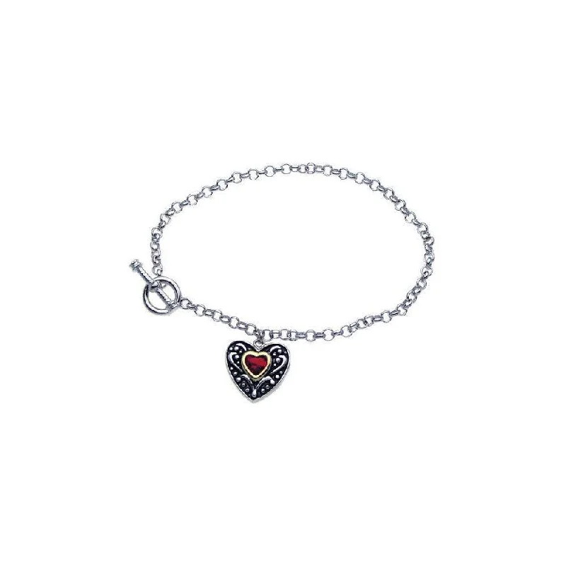 Clearance-Silver 925 Rhodium Plated Dangling Red Heart CZ Inlay Bracelet - BGB00064