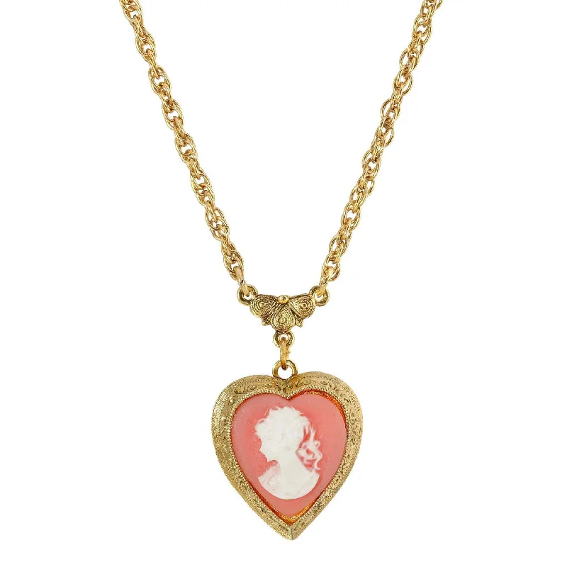 1928 Jewelry Pink Heart Cameo Locket Necklace 16" + 3" Extender