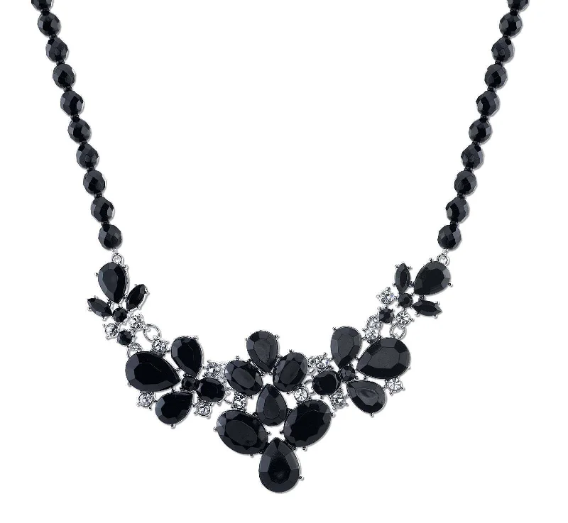 2028 Jewelry Black Faceted Bead & Teardrop Stones With Crystal Accent Bib Necklace 16" + 3" Extender