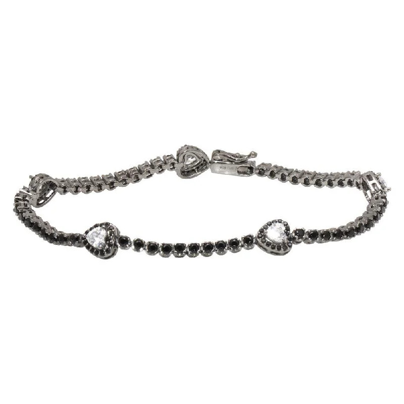 Rhodium Plated 925 Sterling Silver Heart Tennis Bracelet with Black and Clear CZ - GMB00057BLK