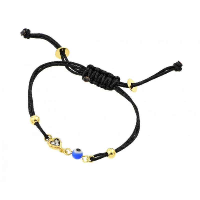 Silver 925 Gold Plated Heart Evil Eye CZ Black Cord Bracelet - BGB00199