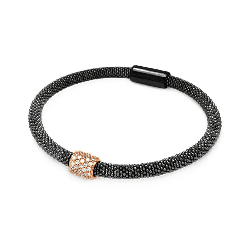 Clearance-Silver 925 Black Rhodium and Rose Gold Plated Bar Clear CZ Beaded Italian Bracelet - ITB00096BRH