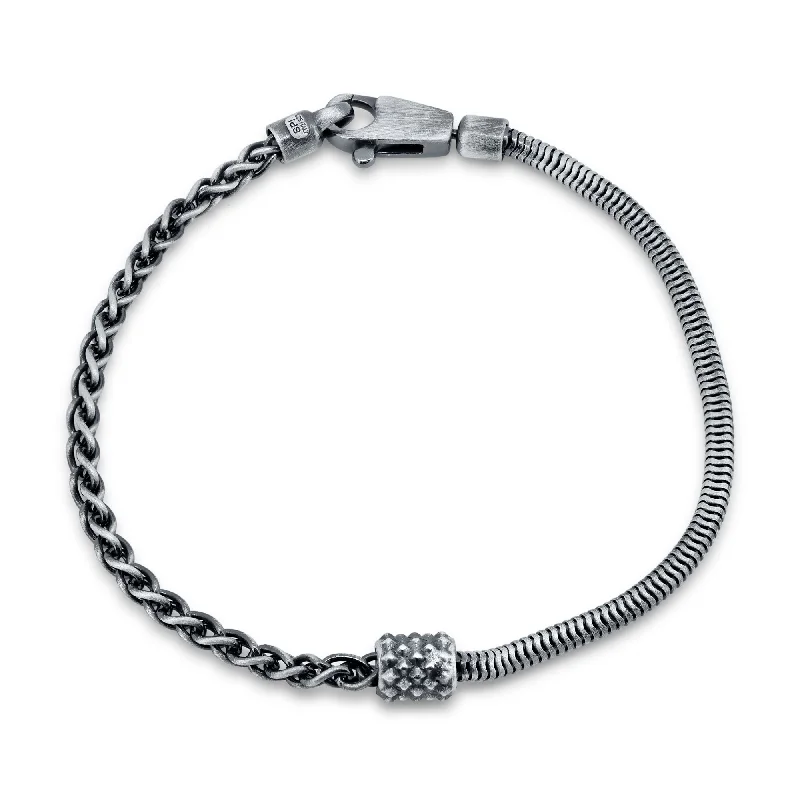 925 Sterling Gun Metal Plated Half Round Snake and Half Wheat Link Bracelet - BSB0001