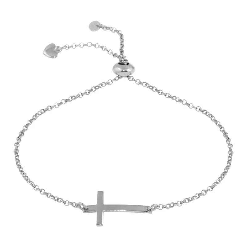 Rhodium Plated 925 Sterling Silver Horizontal Cross Bracelet with Heart Charm - ARB00031RH