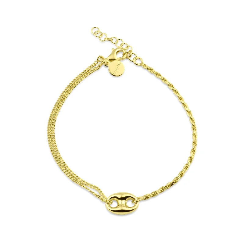 Gold Plated 925 Sterling Silver Puffed Mariner Charm Double Strand Curb and Rope Adjustable Bracelet - ITB00330-GP