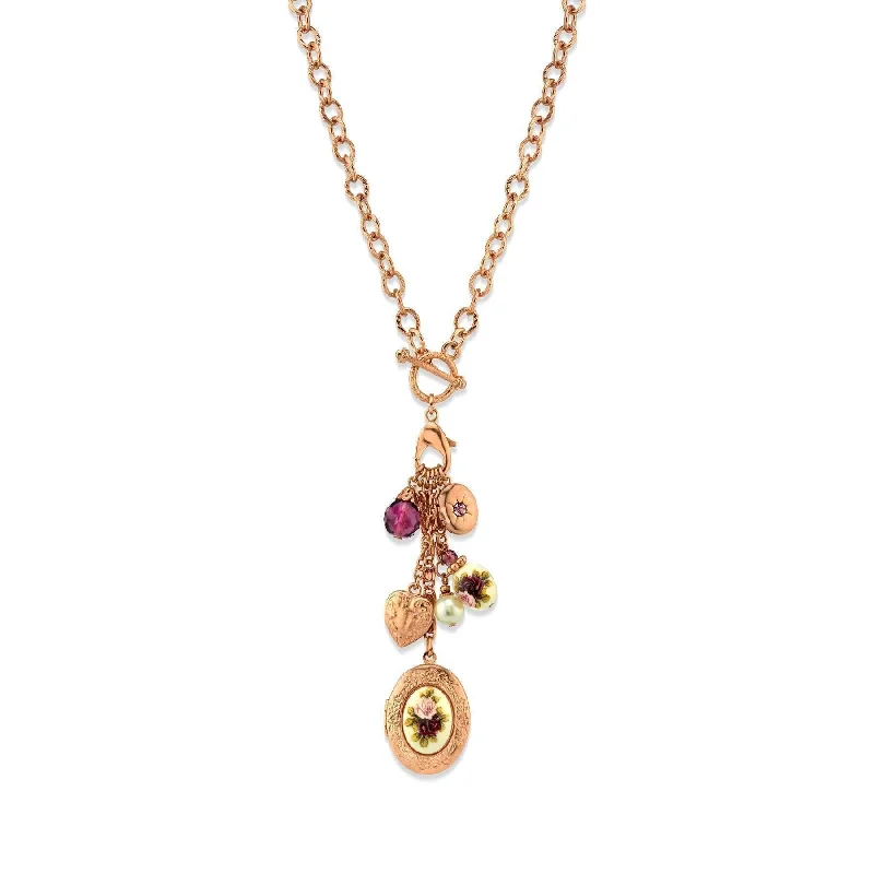 1928 Jewelry Manor House Pink Purple Rose Crystal Heart And Locket Charm Toggle Necklace 20"