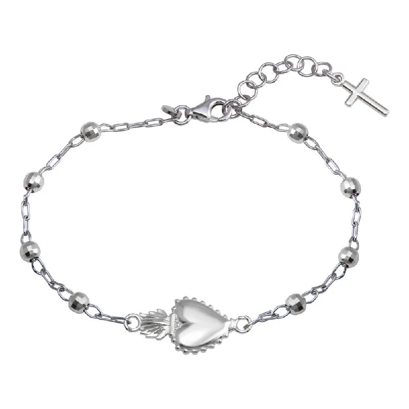 Rhodium Plated 925 Sterling Silver Heart Center DC Bead Bracelet - ARB00053RH