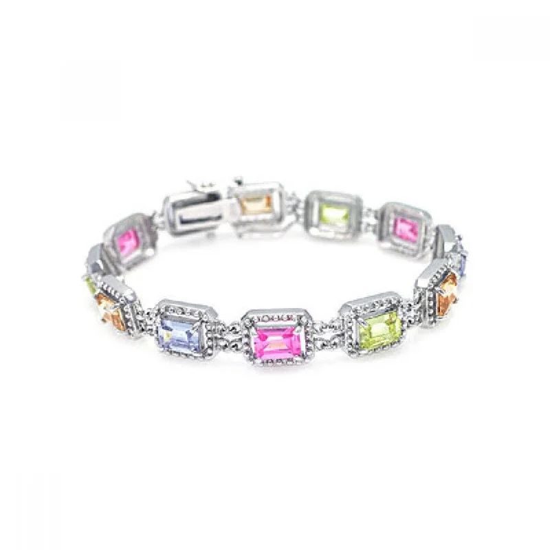 Silver 925 Rhodium Plated Multiple Multicolor Square CZ Bracelet - BGB00007