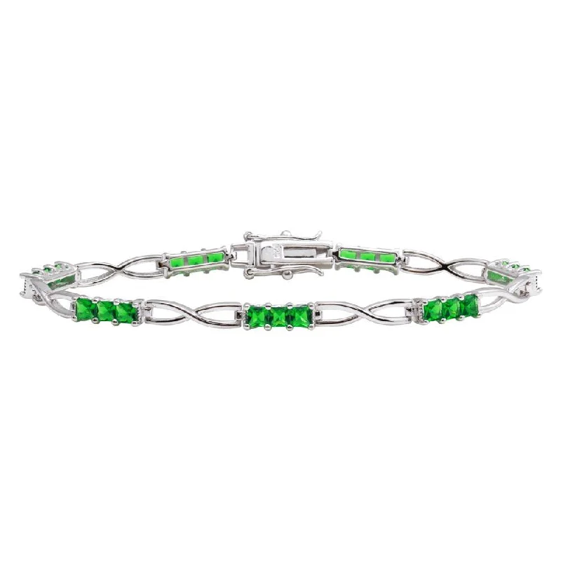 Rhodium Plated 925 Sterling Silver 4.4mm Infinity Link Green CZ Tennis Bracelet - BGB00318GRN