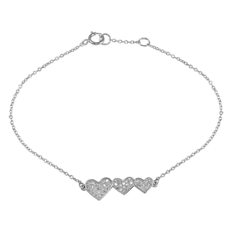 Rhodium Plated 925 Sterling Silver Double 3 CZ Hearts Chain Bracelet - BGB00306