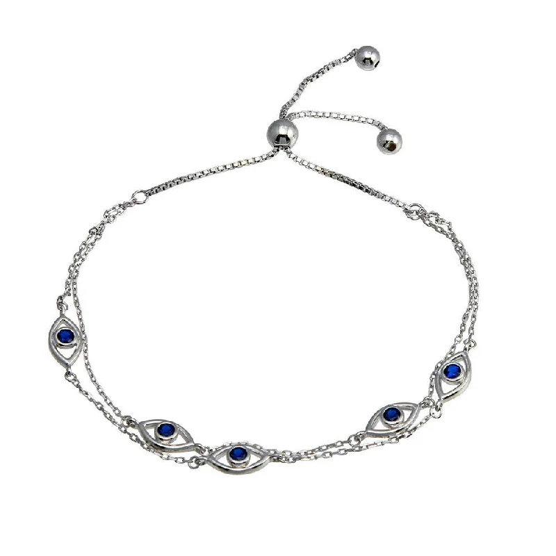 925 Sterling Silver Rhodium Toned Plated Multi Chain Evil Eye Blue CZ Lariat Bracelet - GMB00070