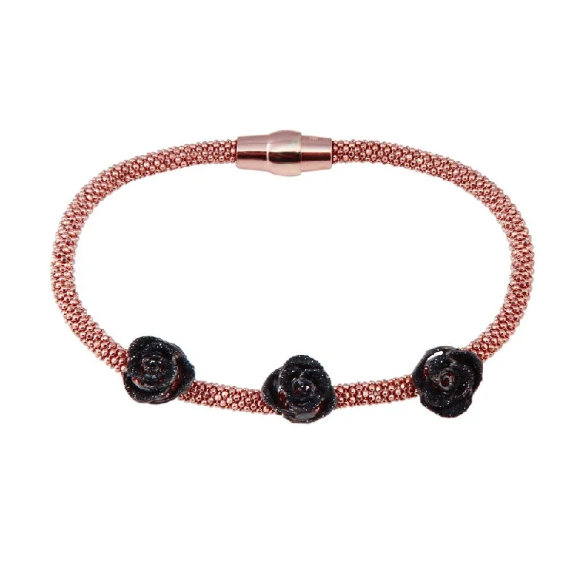 Clearance-Rose Gold Plated 925 Sterling Silver Italian Black Flower Bracelet - ECB00076RB