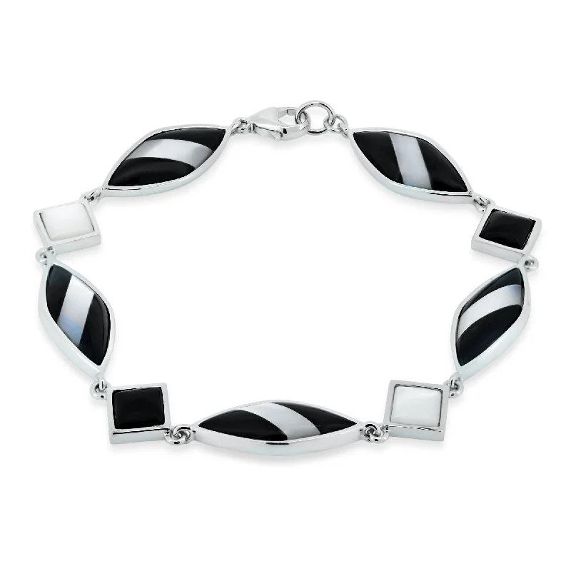 Clearance-Silver 925 Rhodium Plated Black and White Bracelet - BGB00062