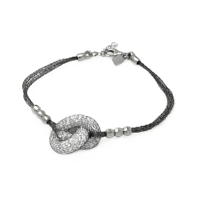 Clearance-Silver 925 Black Rhodium Plated 3 Bead Sides Knot Center Italian Bracelet - ITB00119BLK