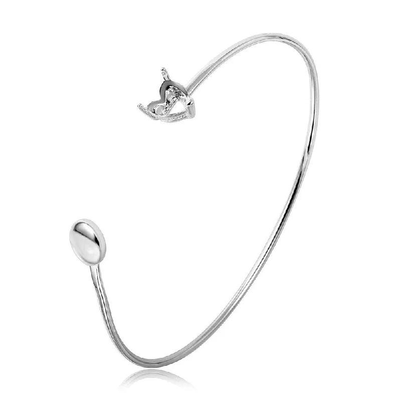 Silver 925 Rhodium Plated Personalized Heart and Disc Ended Bangle Mounting Bracelet - BGB00268