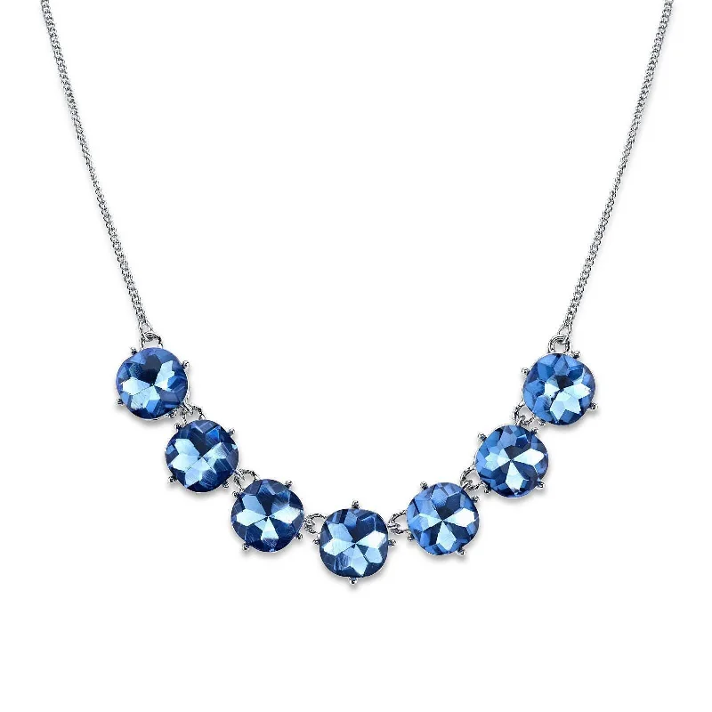 2028 Jewelry Blue Round Faceted Cushion Shaped Glass Stone Collar Necklace 16" + 3" Extender