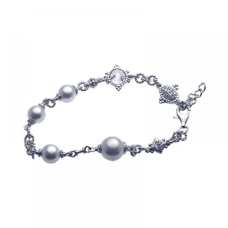 Silver 925 Rhodium Plated Pearl Clear CZ Bracelet - STB00374