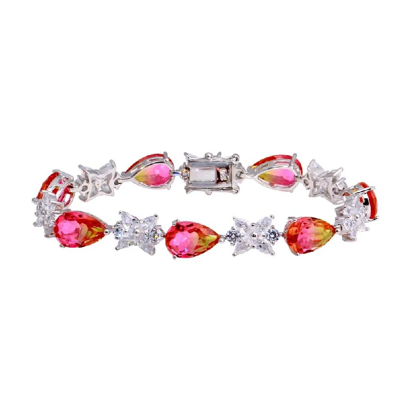 Rhodium Plated 925 Sterling Silver Orange Pink Teardrop Tennis Bracelet - BGB00329