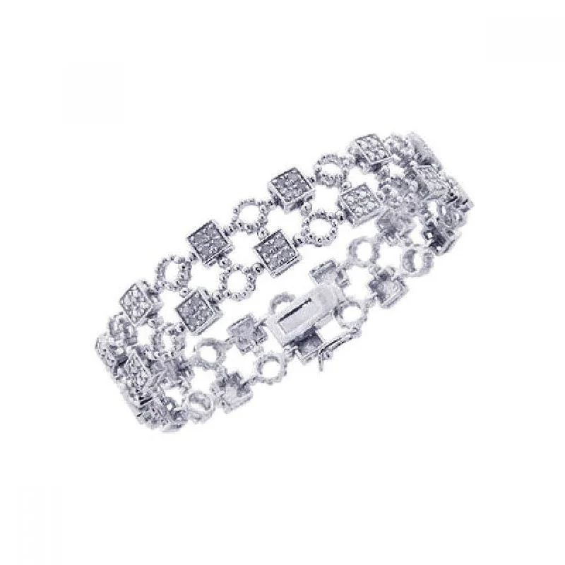 Clearance-Silver 925 Rhodium Plated Clear CZ Square and Circle Bracelet - STB00297