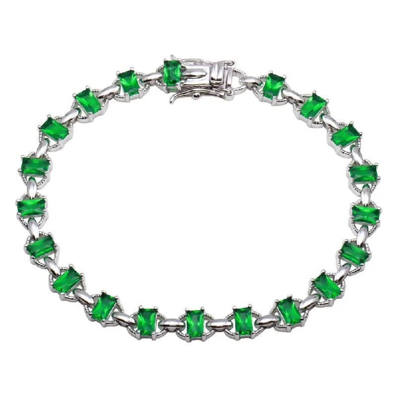 Rhodium Plated 925 Sterling Silver 6.1mm Link Green CZ Tennis Bracelet - BGB00319GRN