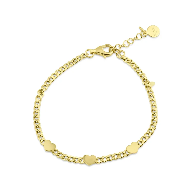 Gold Plated 925 Sterling Silver 3 Hearts Charm Adjustable Curb Chain Bracelet - ITB00326-GP